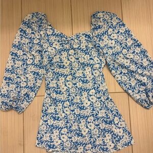 Missguided Blue and White Floral Puff Sleeve Dress